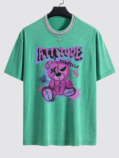 Slogan Violent Bear Print Washed Drop Shoulder Oversize T-Shirt