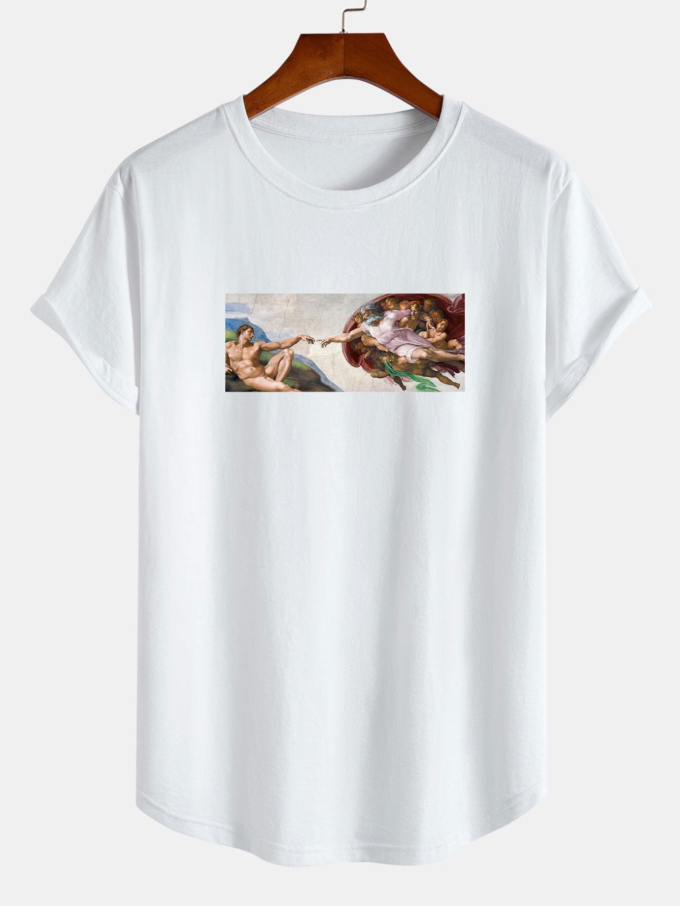God Created Adam Print Cotton Arc Hem T-Shirt