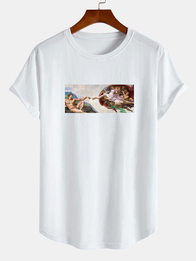 God Created Adam Print Cotton Arc Hem T-Shirt