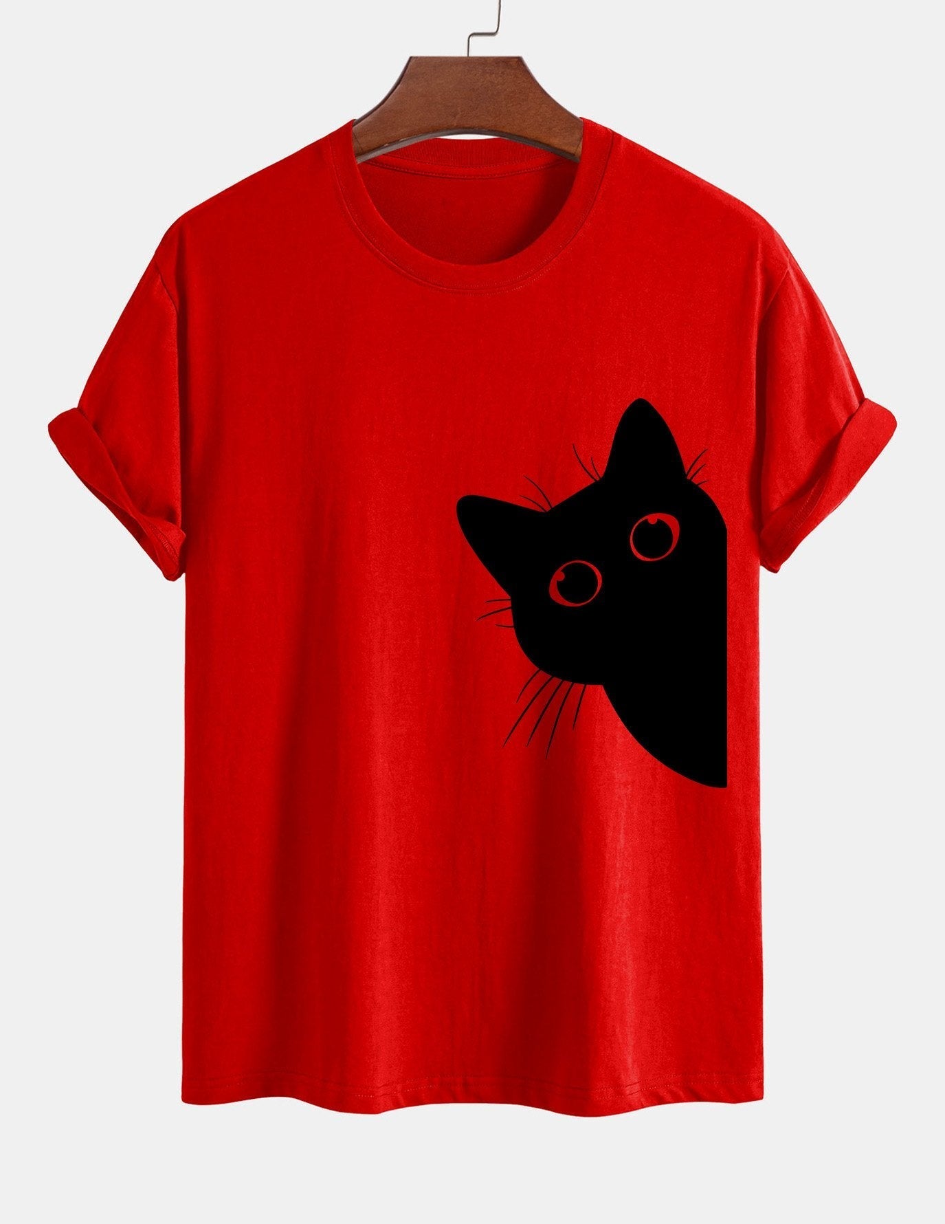Regular Fit Black Cat Looking Out Print Cotton T-Shirt
