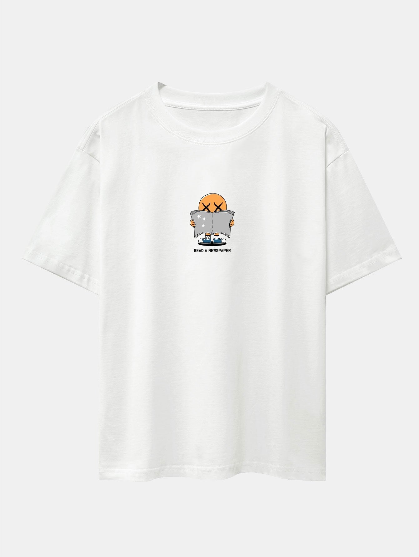 Cartoon Smiley Read Newspaper Print Drop Shoulder Oversize T-Shirt