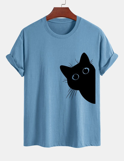 Regular Fit Black Cat Looking Out Print Cotton T-Shirt