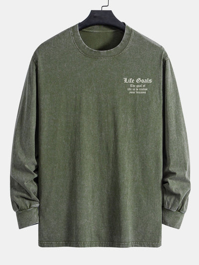 Slogan Print Relax Fit Long Sleeve Washed Distressed T-Shirt