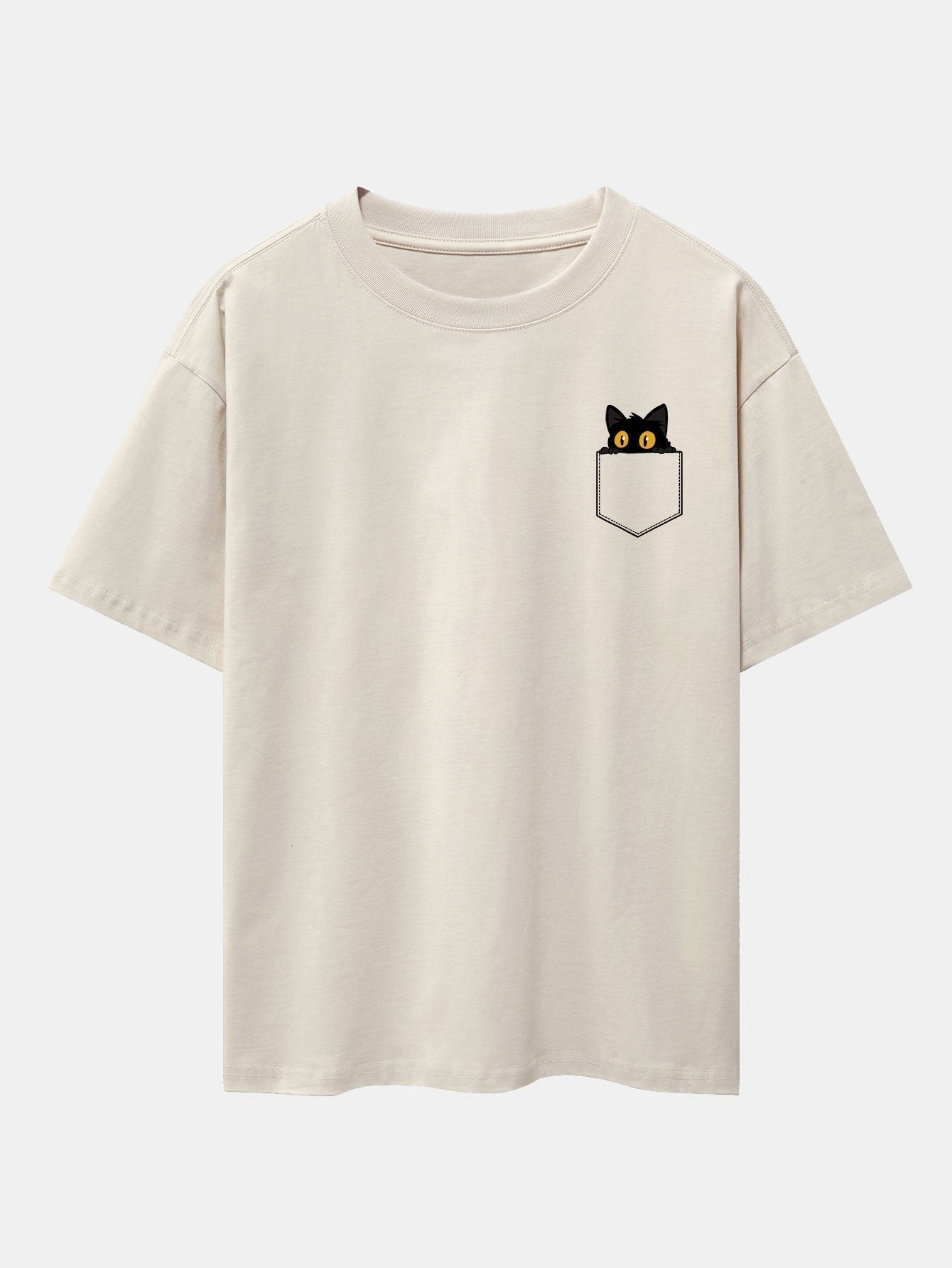 Pocket Black Cat Print Drop Shoulder Oversize T-Shirt