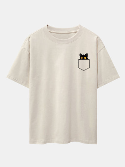 Pocket Black Cat Print Drop Shoulder Oversize T-Shirt
