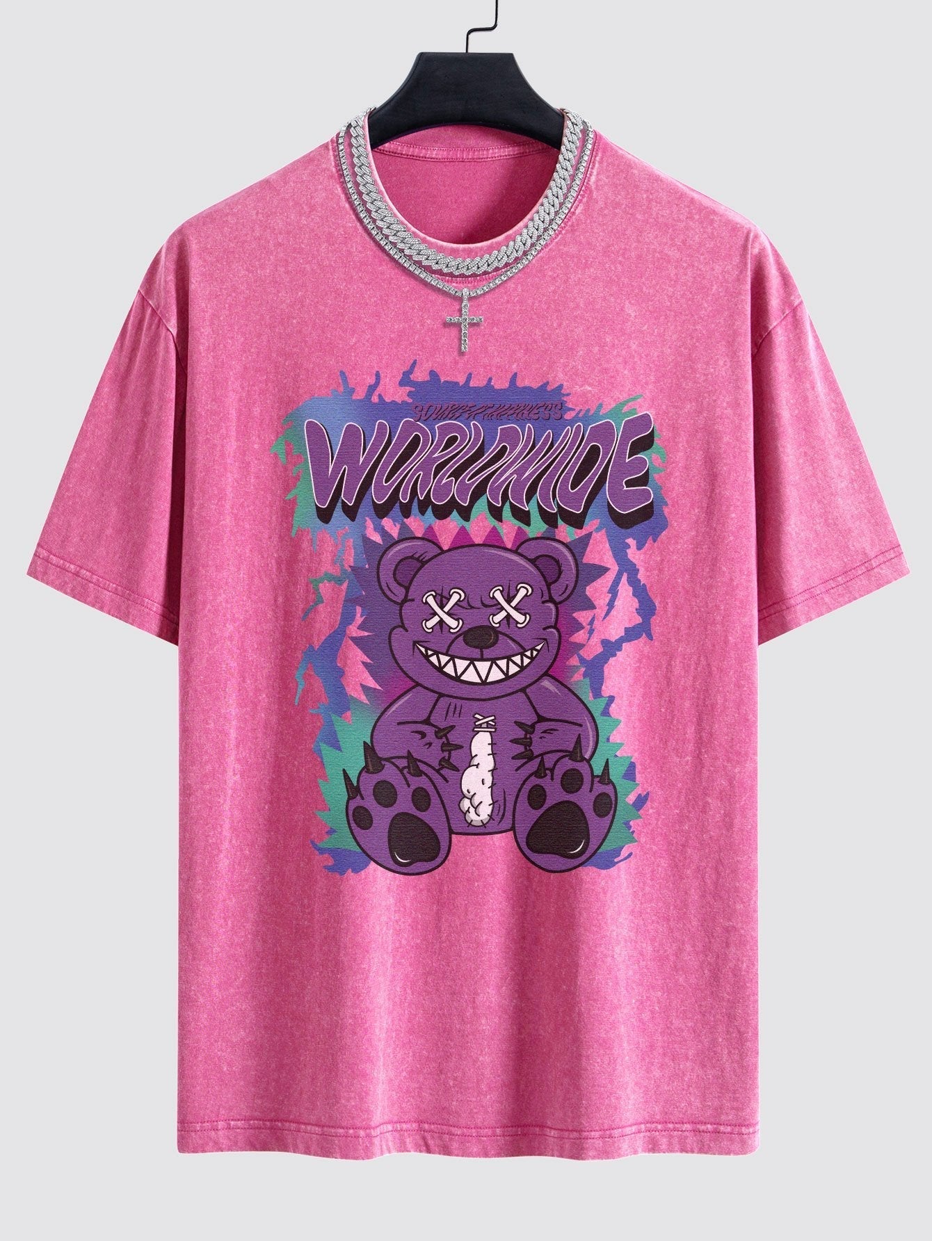Tattered Bear Print Washed Drop Shoulder Oversize T-Shirt