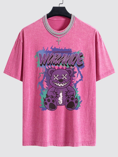 Tattered Bear Print Washed Drop Shoulder Oversize T-Shirt