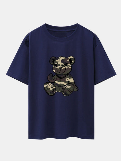 Camouflage Bear Print Drop Shoulder Oversize T-Shirt