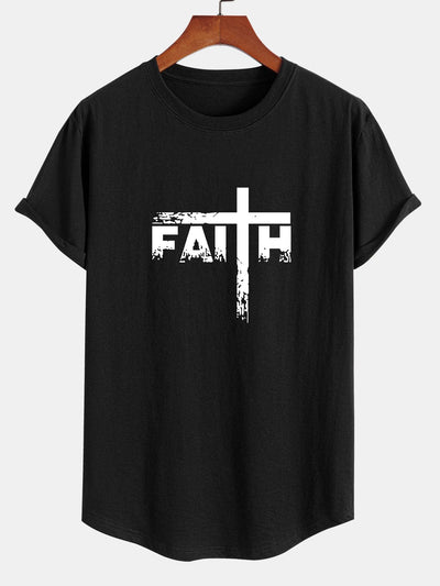 Faith Cross Print Cotton Arc Hem T-Shirt