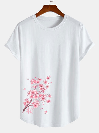 Cherry Blossoms Sakura Print Cotton Arc Hem T-Shirt