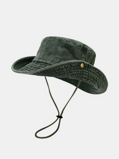 Washed Distressed Bucket Hat With Chin Strap