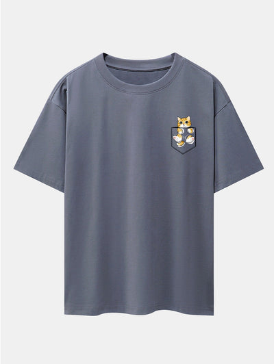 Pocket Cat Print Drop Shoulder Oversize T-Shirt