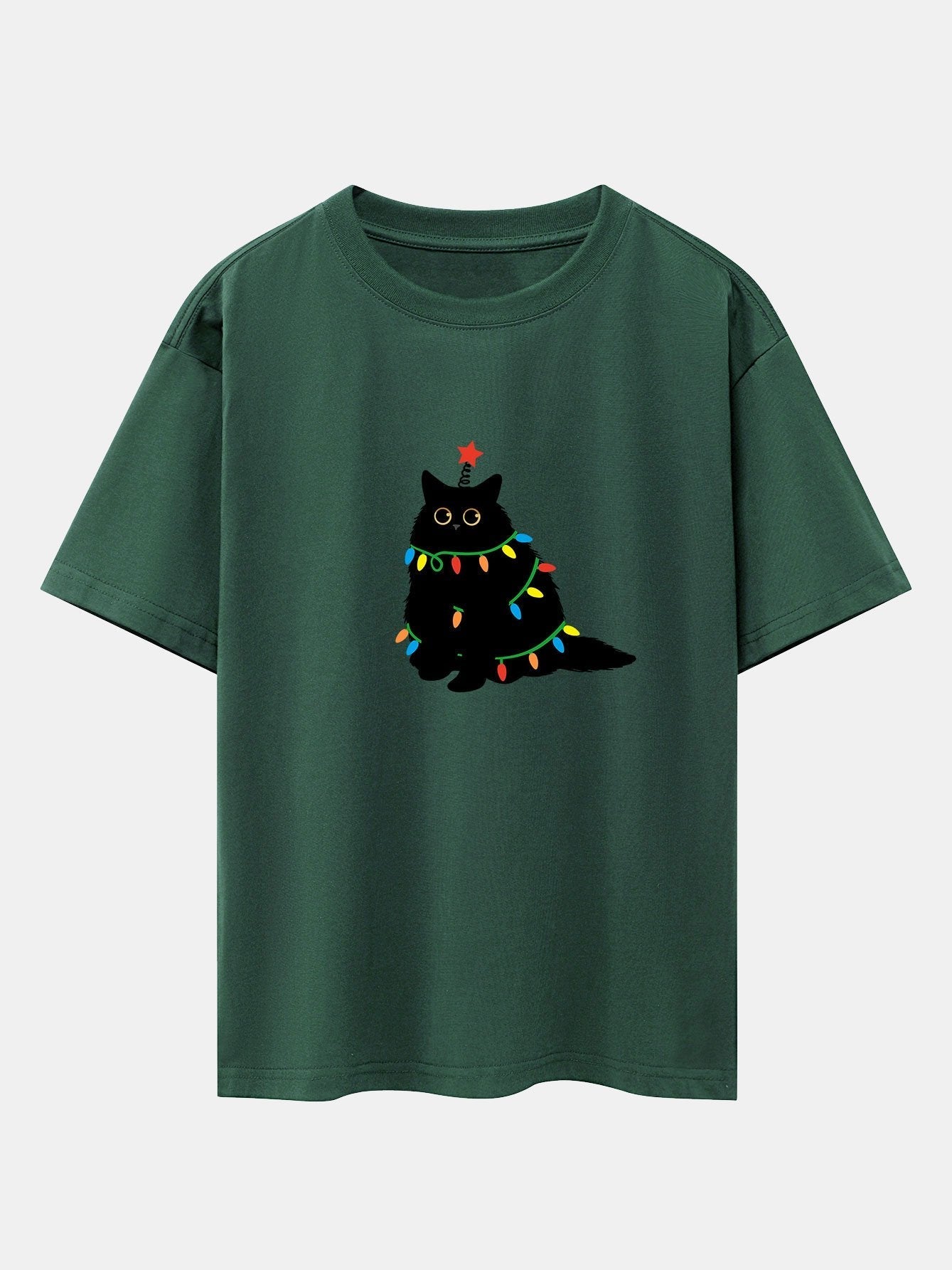 Christmas Lights Black Cat Print Drop Shoulder Oversize T-Shirt