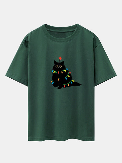 Christmas Lights Black Cat Print Drop Shoulder Oversize T-Shirt