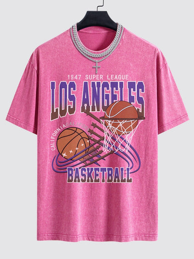 Los Angeles Basketball Print Washed Drop Shoulder Oversize T-Shirt