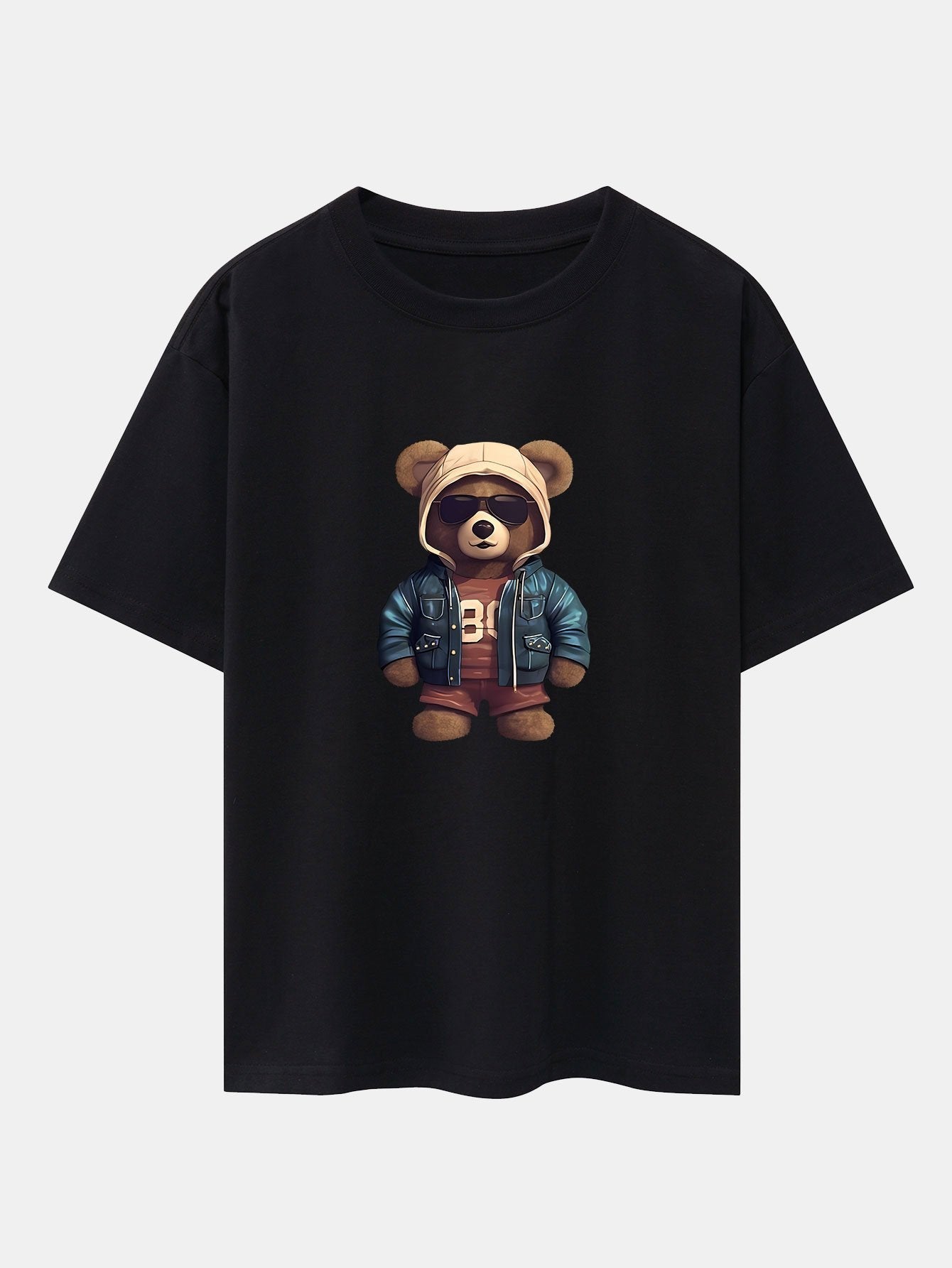 Bear In Leather Jacket Print Drop Shoulder Oversize T-Shirt