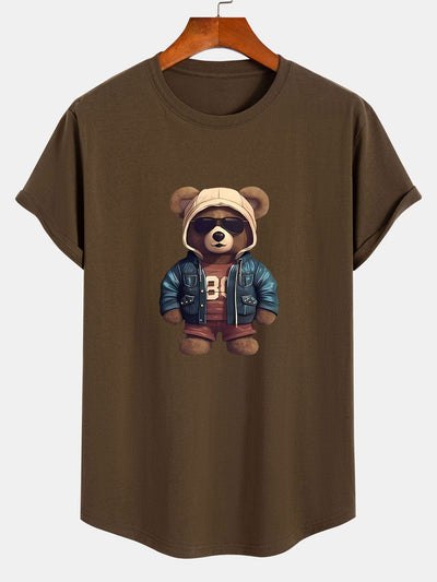 Bear In Leather Jacket Print Cotton Arc Hem T-Shirt