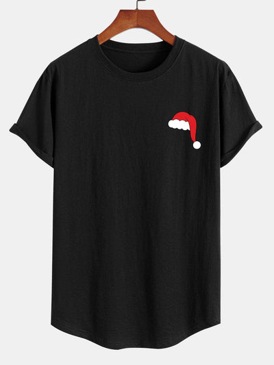 Santa Hat Print Cotton Arc Hem T-Shirt