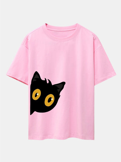 Black Cat Is Watching Print Drop Shoulder Oversize T-Shirt