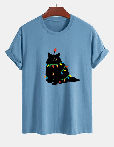 Regular Fit Colorful Light Black Cat Print Cotton T-Shirt