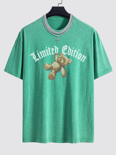 Slogan Bear Print Washed Drop Shoulder Oversize T-Shirt