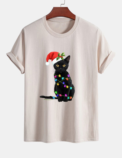 Regular Fit Christmas Lights Cat Print Cotton T-Shirt