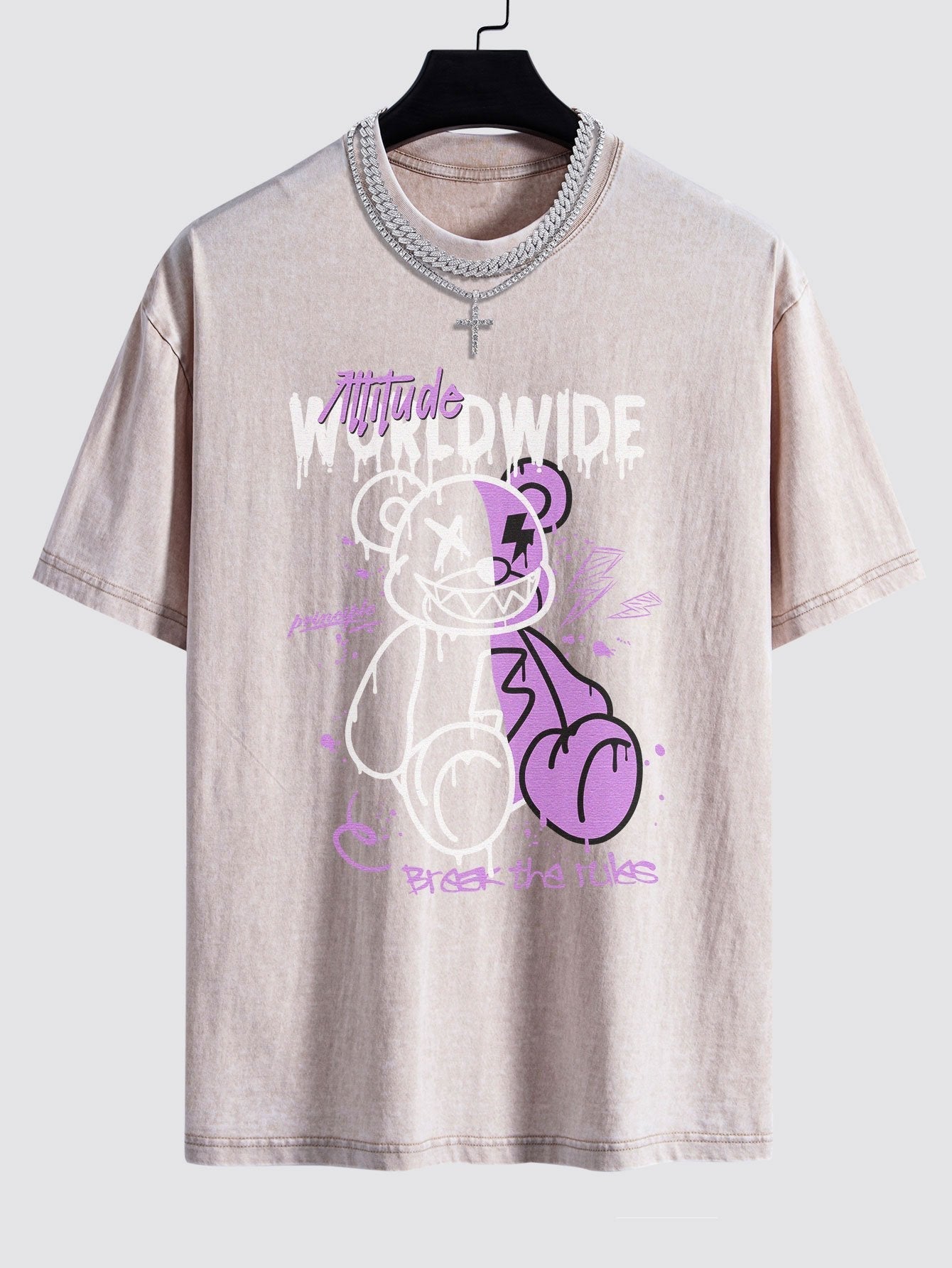 Dissolving Bear Print Washed Drop Shoulder Oversize T-Shirt