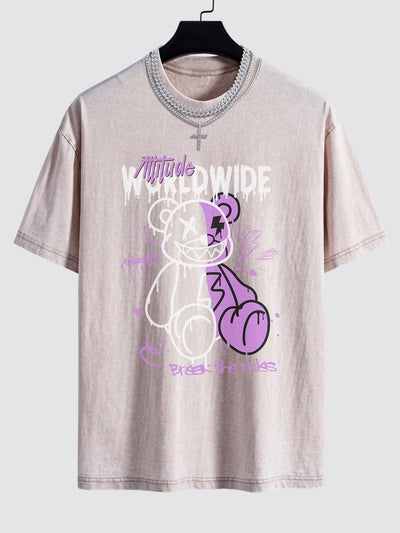 Dissolving Bear Print Washed Drop Shoulder Oversize T-Shirt