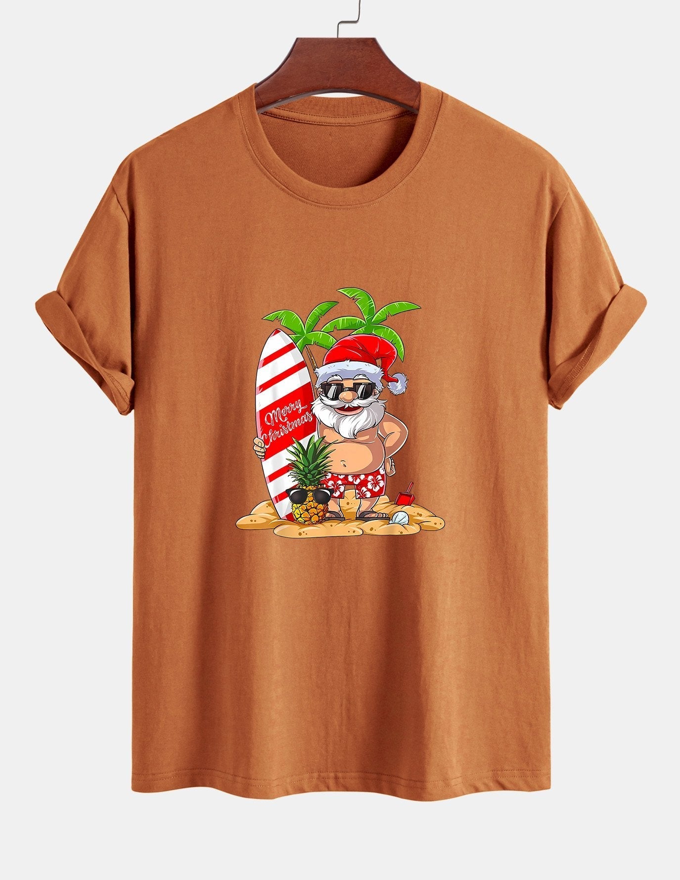Regular Fit Summer Beach Santa Print Cotton T-Shirt