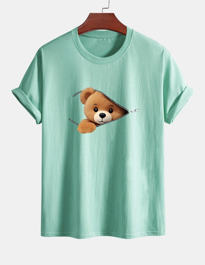 Regular Fit Zipper Bear Print Cotton T-Shirt