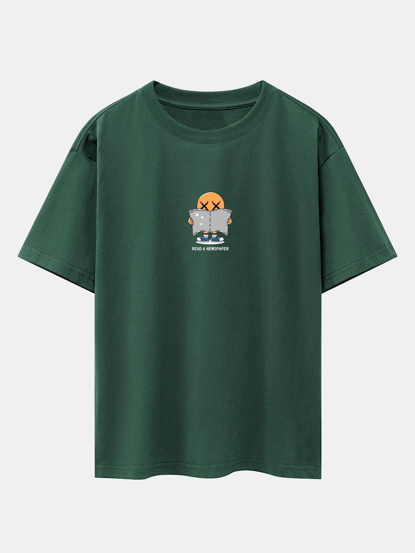Cartoon Smiley Read Newspaper Print Drop Shoulder Oversize T-Shirt