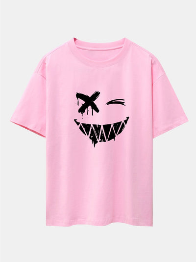 Dissolved Smiley Face Print Drop Shoulder Oversize T-Shirt