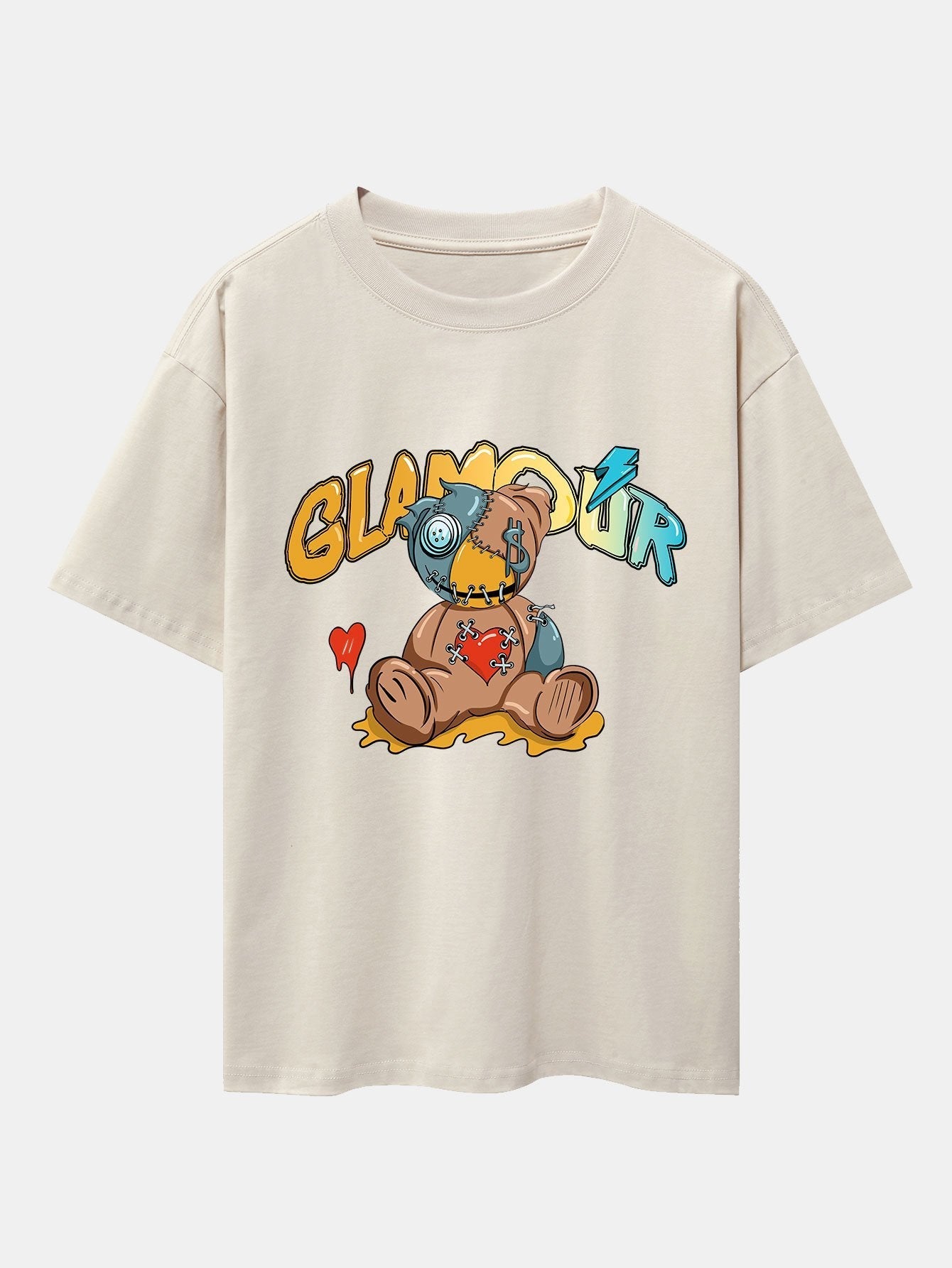Patched Bear Print Drop Shoulder Oversize T-Shirt