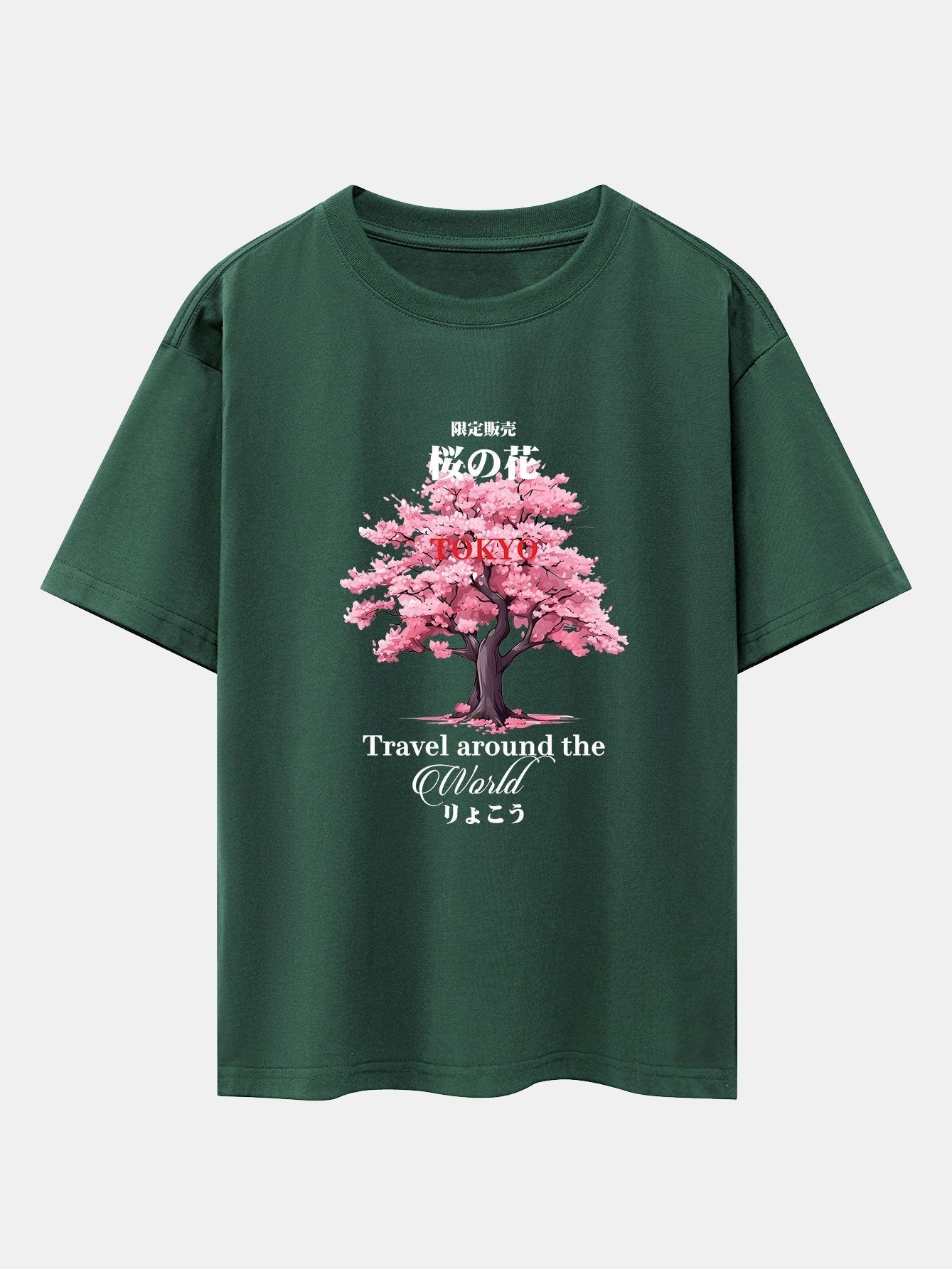 Tokyo Cherry Blossoms Print Drop Shoulder Oversize T-Shirt