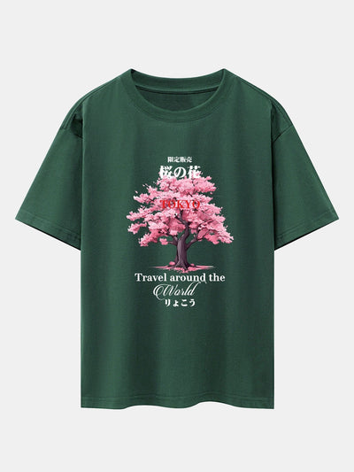 Tokyo Cherry Blossoms Print Drop Shoulder Oversize T-Shirt