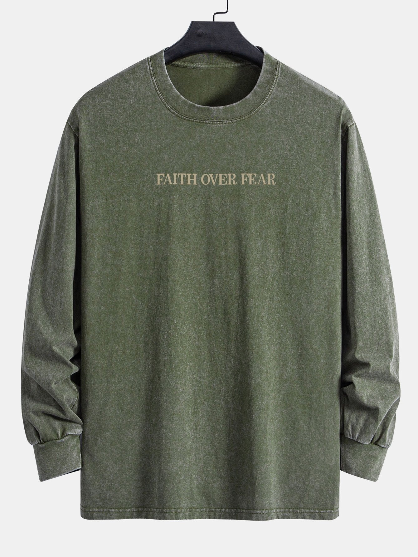 Faith Over Fear Print Relax Fit Long Sleeve Washed Distressed T-Shirt