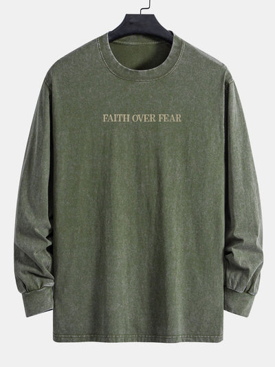Faith Over Fear Print Relax Fit Long Sleeve Washed Distressed T-Shirt