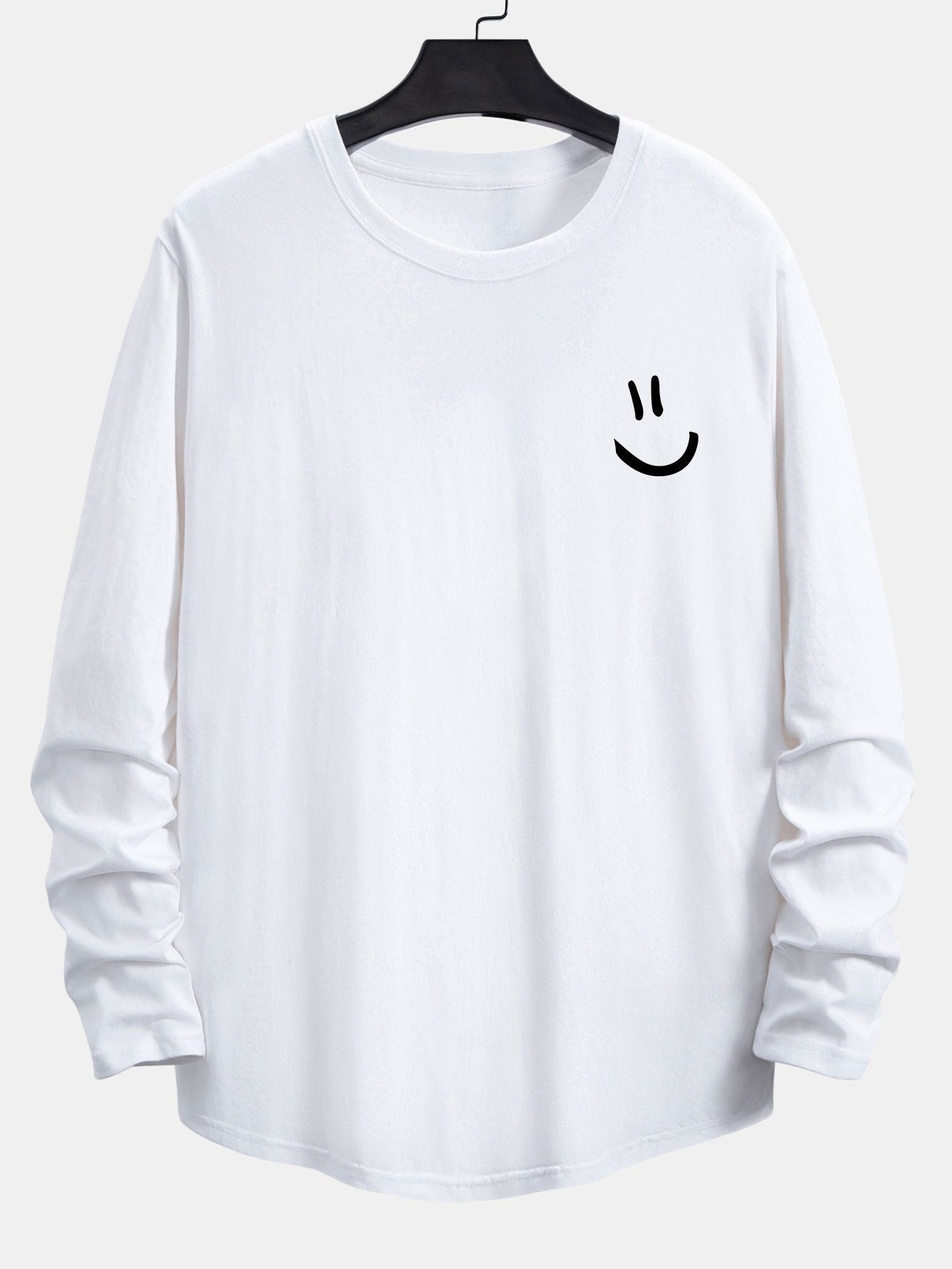 Long Sleeve Smiley Face Print Cotton Arc Hem T-Shirt