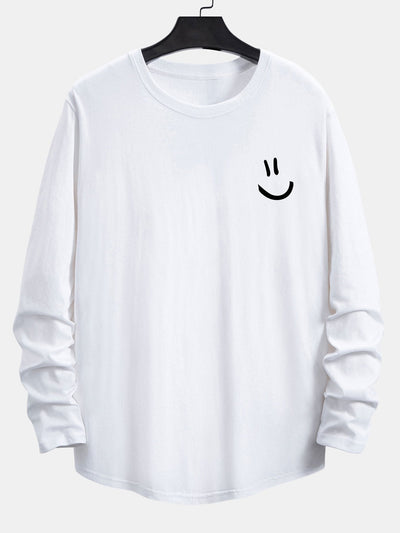 Long Sleeve Smiley Face Print Cotton Arc Hem T-Shirt