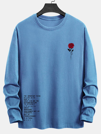 Long Sleeve Slogon Rose Print Cotton T-Shirt