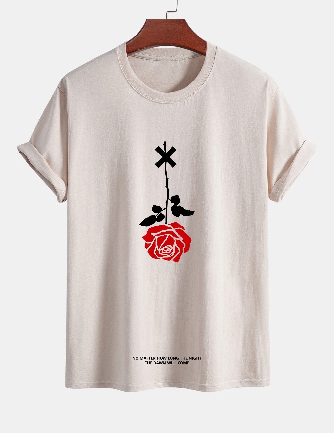 Regular Fit Inverted Rose Slogan Print Cotton T-Shirt