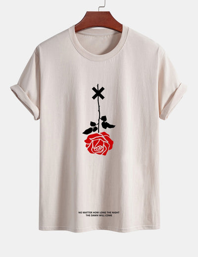 Regular Fit Inverted Rose Slogan Print Cotton T-Shirt
