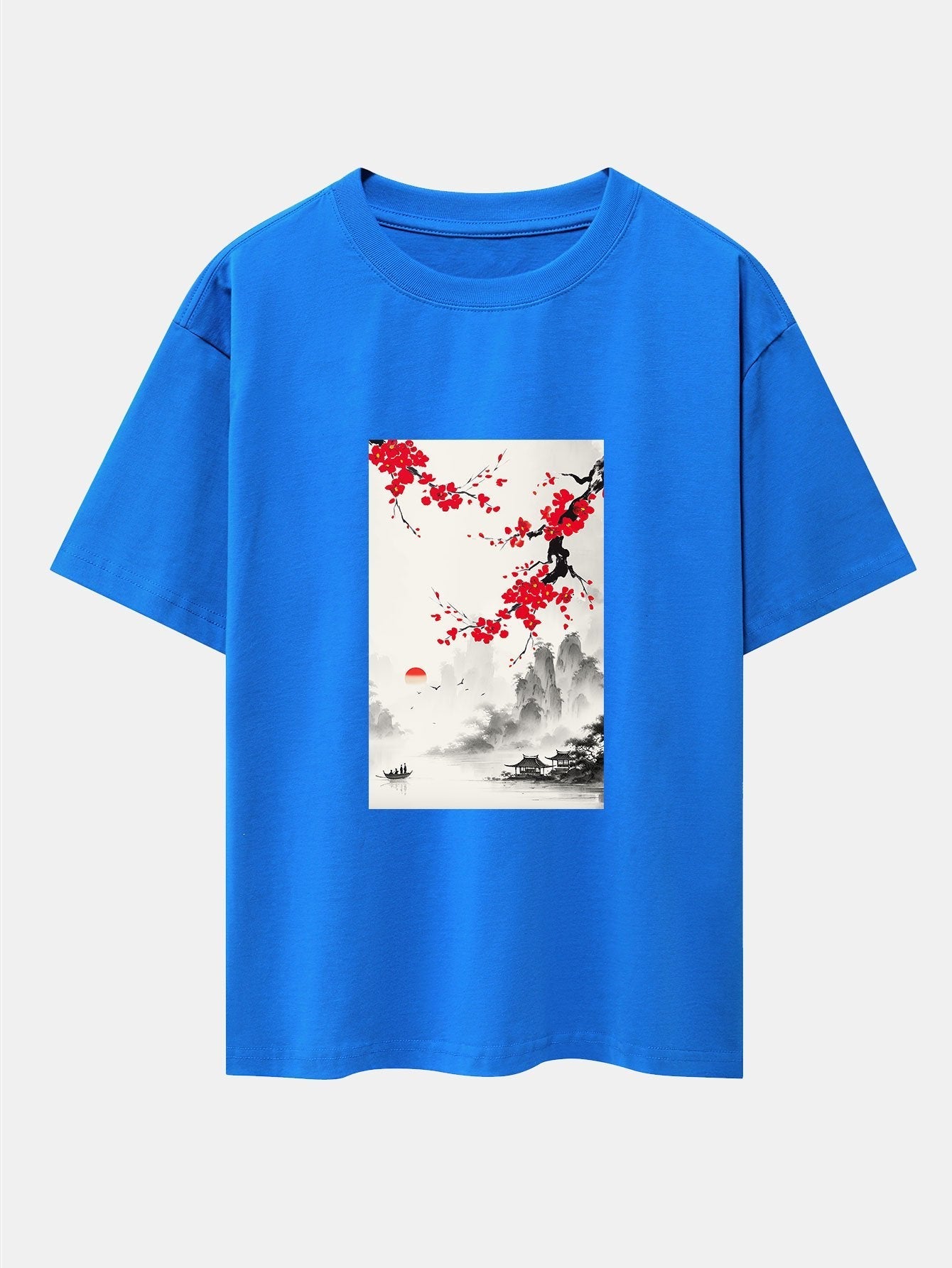 Flower Ink Landscape Print Drop Shoulder Oversize T-Shirt