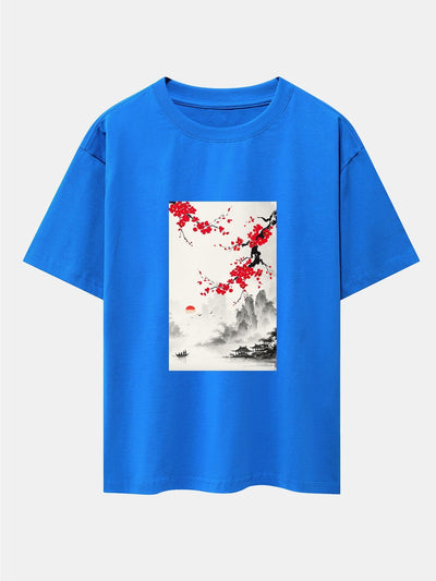 Flower Ink Landscape Print Drop Shoulder Oversize T-Shirt
