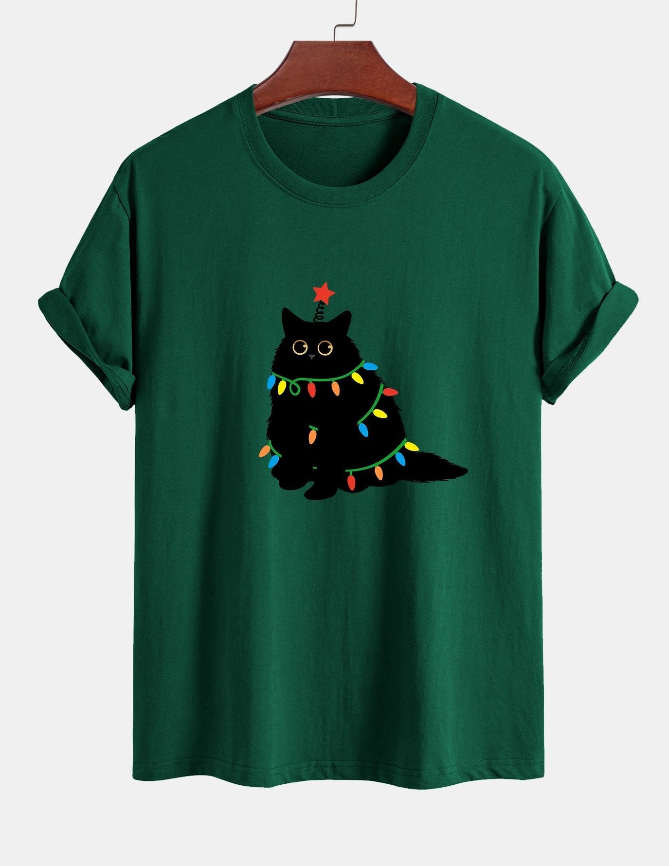 Regular Fit Colorful Light Black Cat Print Cotton T-Shirt