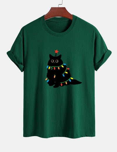 Regular Fit Colorful Light Black Cat Print Cotton T-Shirt