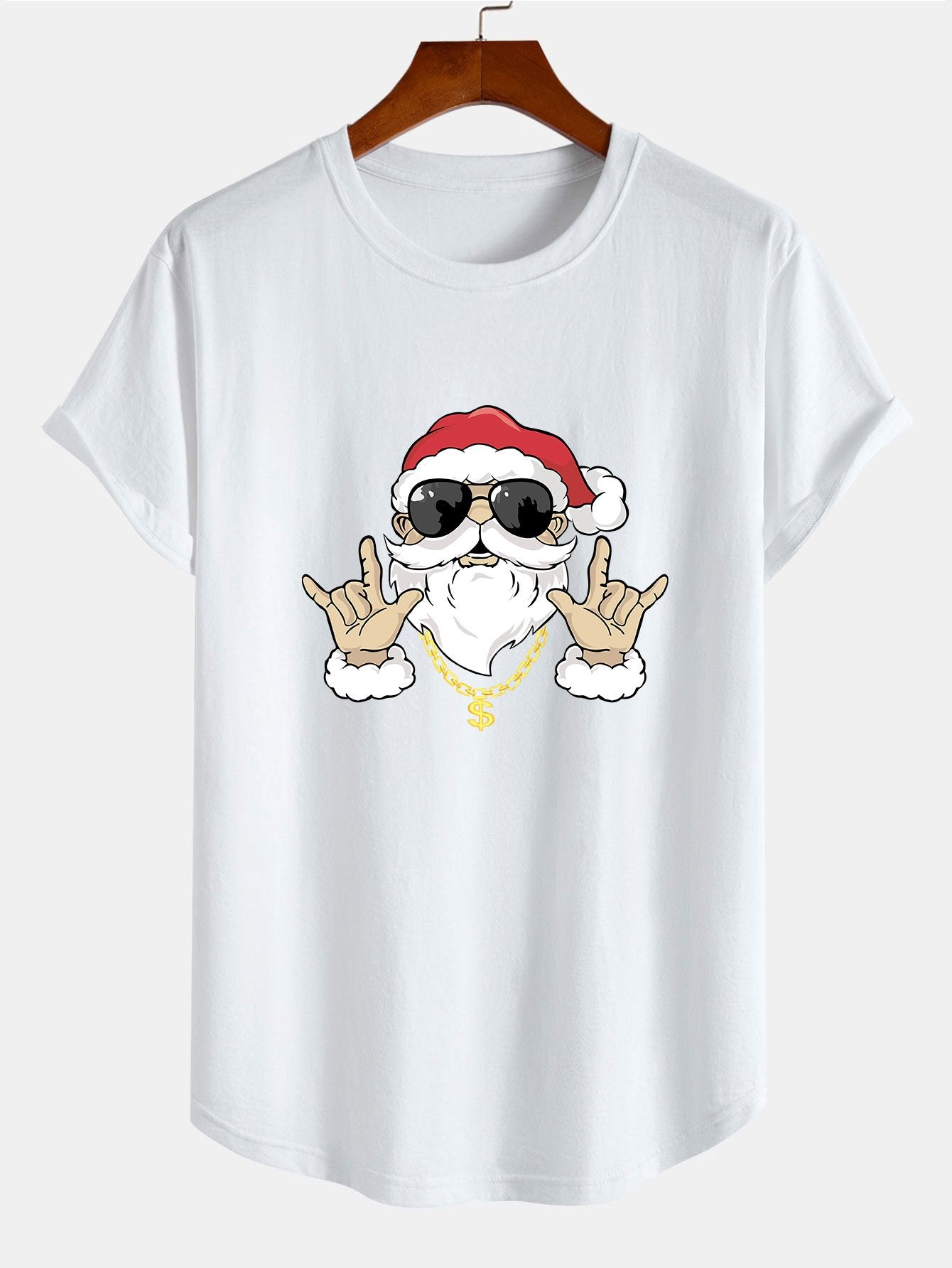 Hip Hop Santa Print Cotton Arc Hem T-Shirt