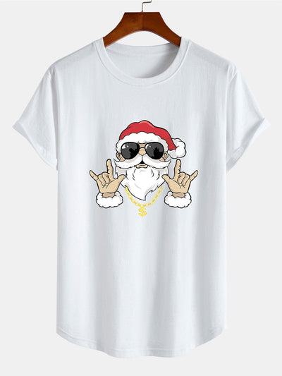 Hip Hop Santa Print Cotton Arc Hem T-Shirt