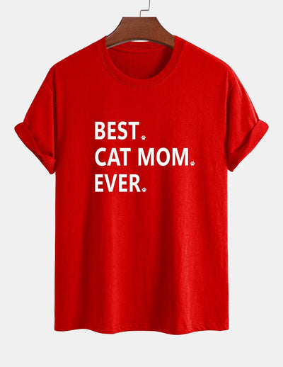 Regular Fit Best Cat Mom Ever Print Cotton T-Shirt