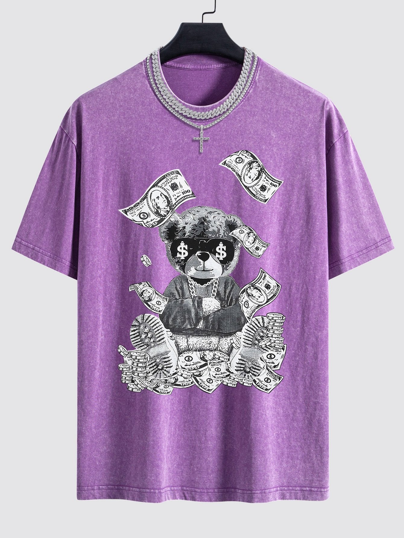 Money Bear Print Washed Drop Shoulder Oversize T-Shirt